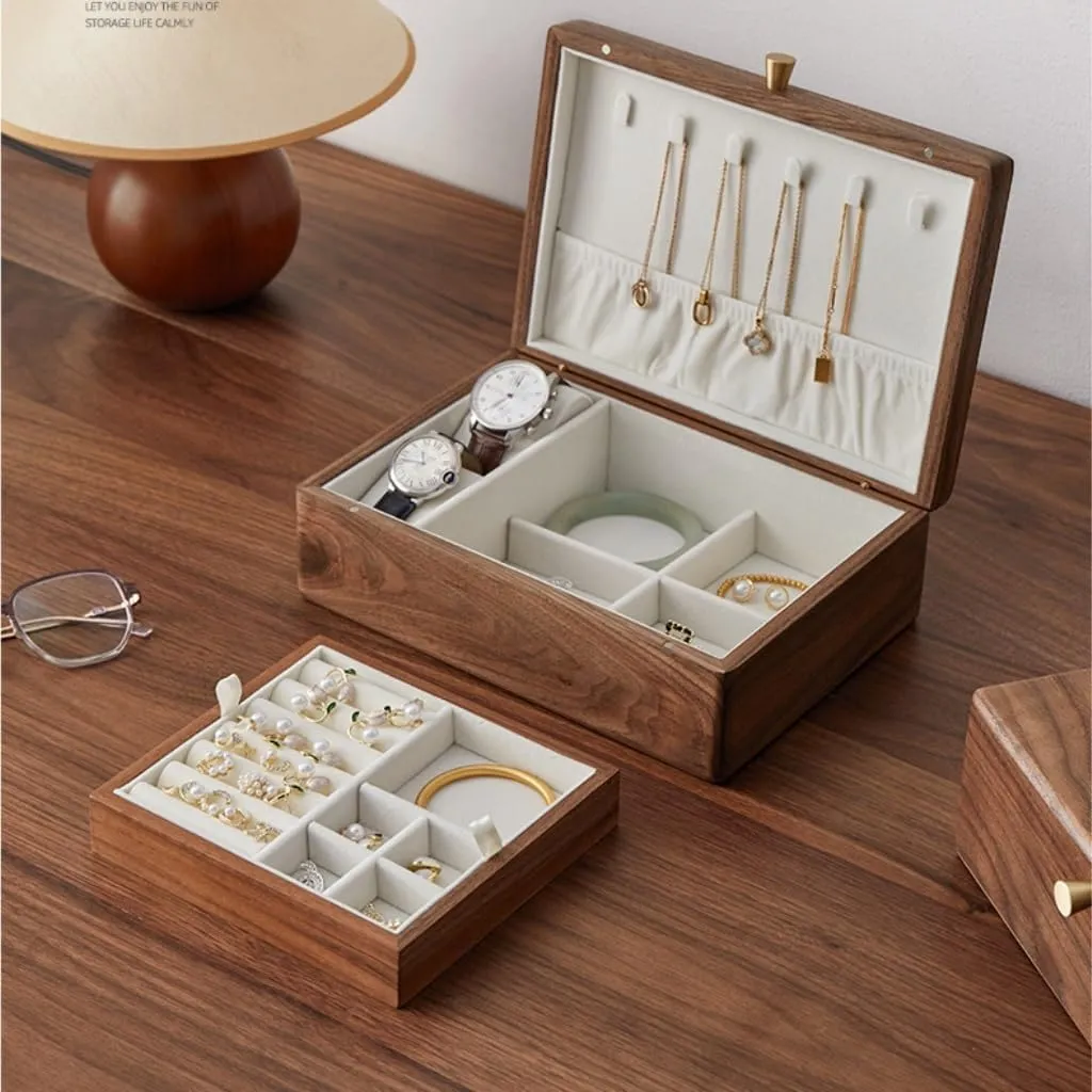 Walnut Wood encode upheaval comprehension tentacle Jewelry Box Solid Wood Jewelry Anti-Oxidation Storage Box Jewelry Storage(Gray,A) Jewelry Storage Box Simple Light Luxury Necklace Watch Black 