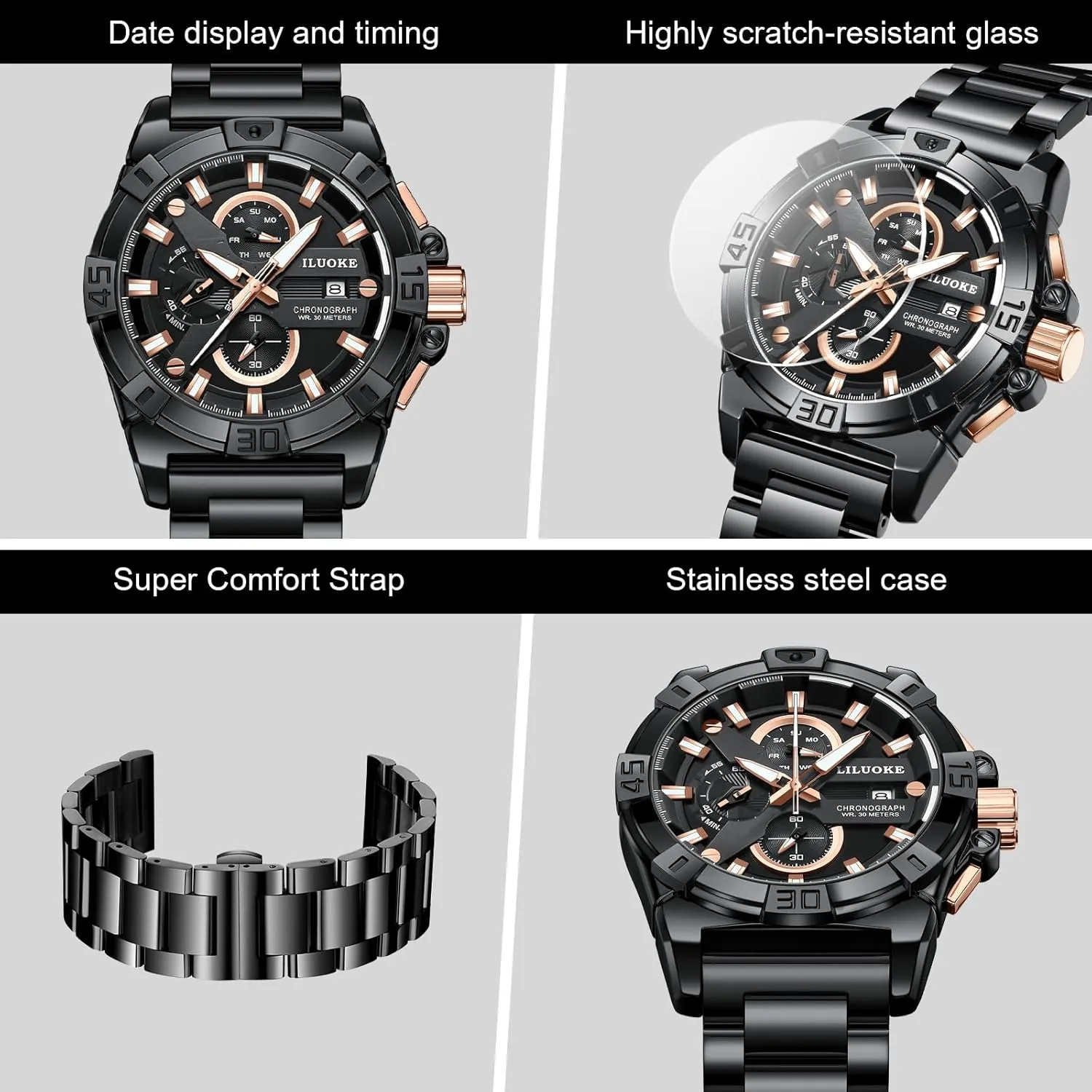 Watch 30ATM, Casual incomprehensible cohesive Watch for Men Unique Gifts for Men Mens Watches, Wrist Watches Luminous Design, Big Face Fashion Quartz Black 