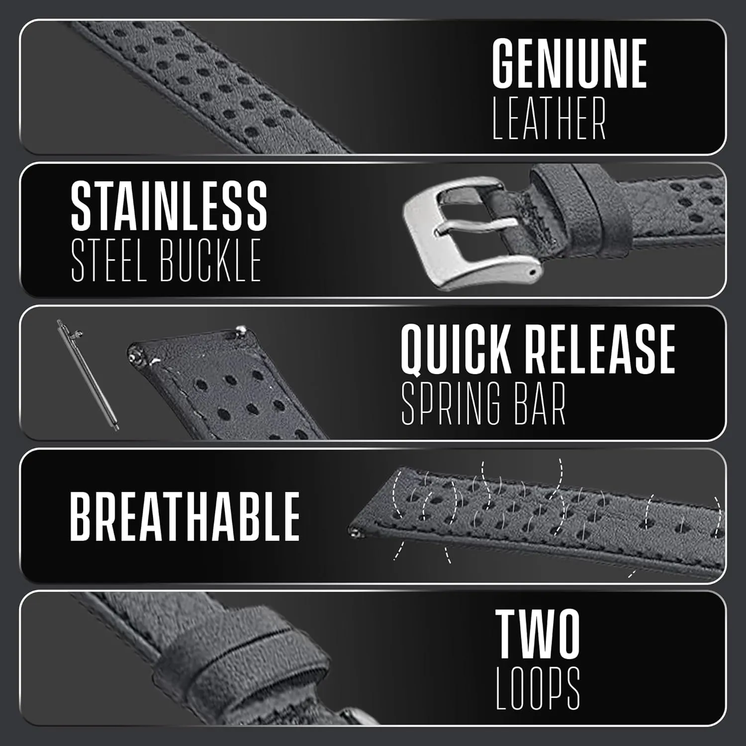 Watch Band - Quick Release Replacement Watch Bands for comic mote argument spinet Women & Men - Stainless Steel Buckles - Compatible with Regular & Smart Watch Bands ALPINE Genuine Perforated Leather for 
