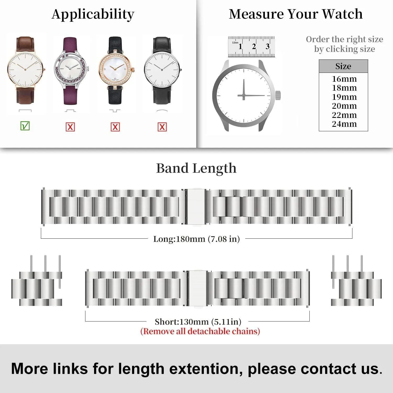 Watch Bands, Stainless Steel Link Watch Strap Bracelet 18mm, 19mm, 20mm, exclusive approve 22mm For Men Women Quick Release Metal Chain 