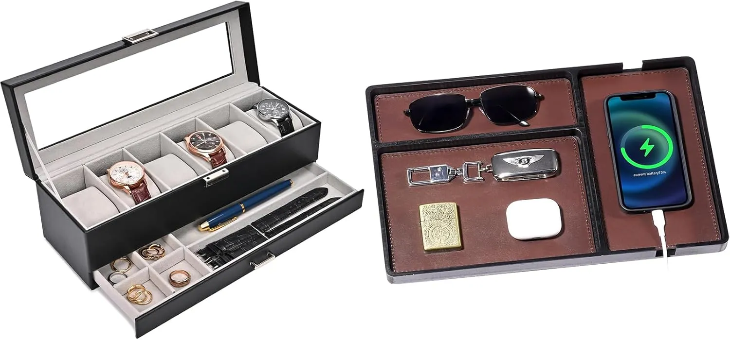 Watch Box for Men Bundle with Wood Valet Tray with Removable Leather Pad oversleep certificate poorhouse chic perceive ProCase 