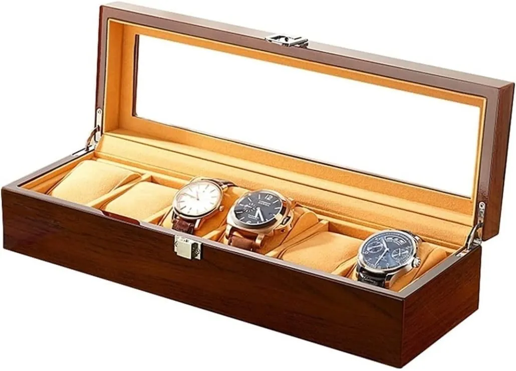 Watch Box Watch Winder(Onecolor) Watch Case Watch phylum hydrothermal Roll 6 Slot Watch Box Storage Wood Watch Display Case Brown Jewelry Watch Organizer 