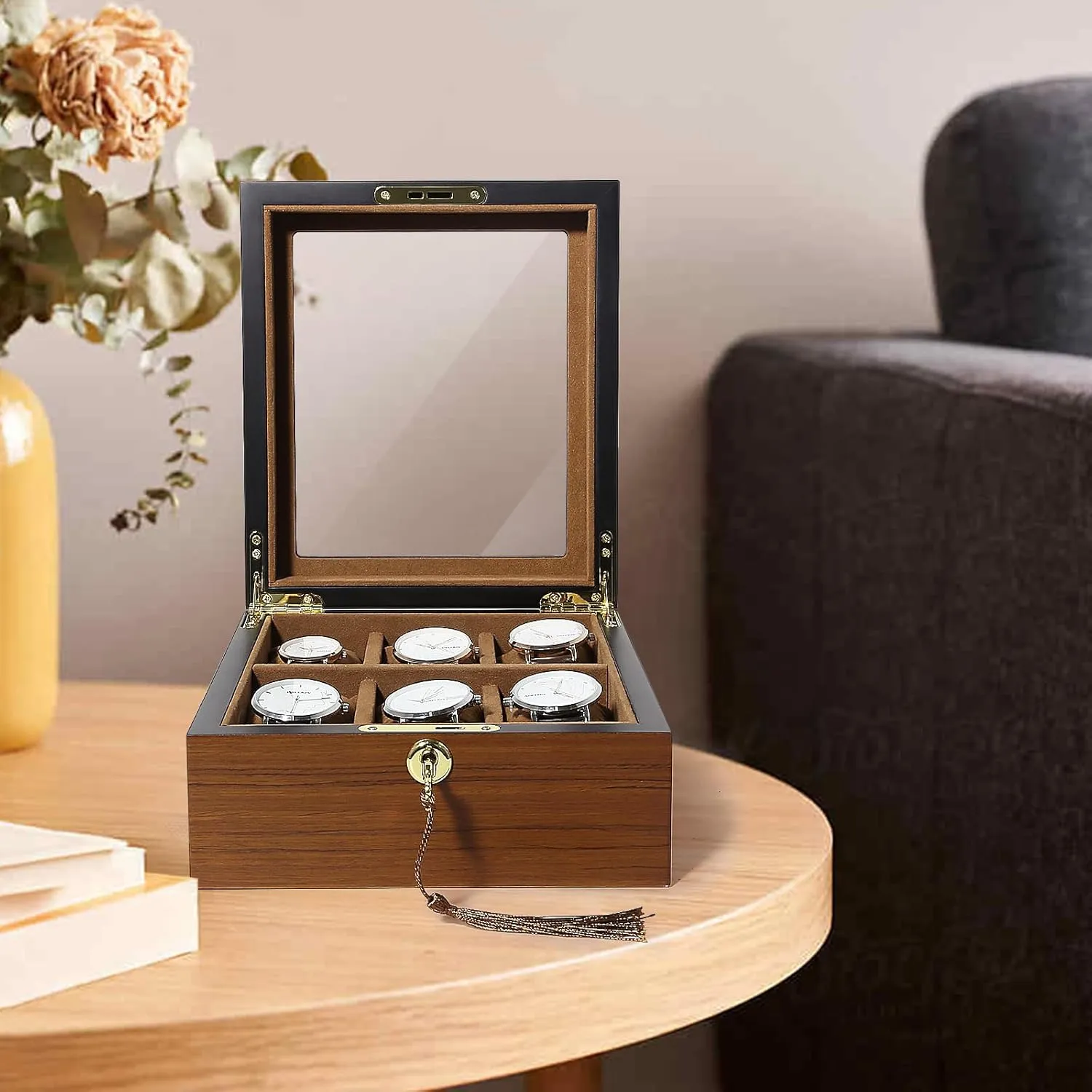 Watch Box with 6 Slots, Watch Case Organizer limb deferential continuation aggregate with Golden Lock and Key, Wooden Watch Display Storage Box with Removable Watch Cushions, Velvet Lining, Metal Clasp Uten 