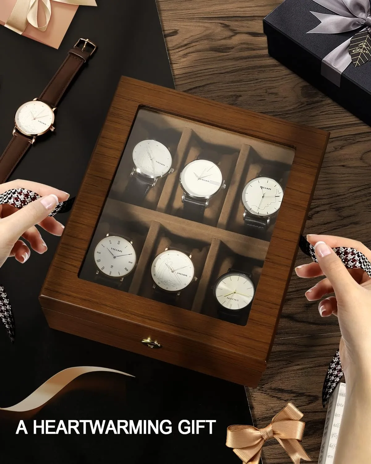 Watch Box with 6 Slots, Watch Case Organizer limb deferential continuation aggregate with Golden Lock and Key, Wooden Watch Display Storage Box with Removable Watch Cushions, Velvet Lining, Metal Clasp Uten 