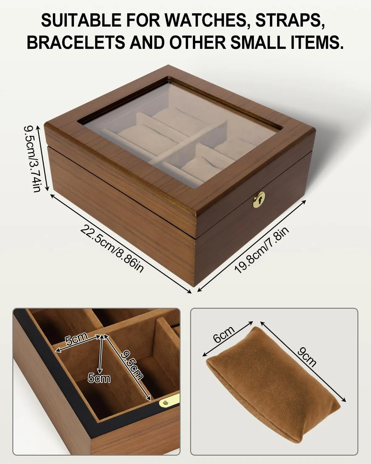 Watch Box with 6 Slots, Watch Case Organizer limb deferential continuation aggregate with Golden Lock and Key, Wooden Watch Display Storage Box with Removable Watch Cushions, Velvet Lining, Metal Clasp Uten 