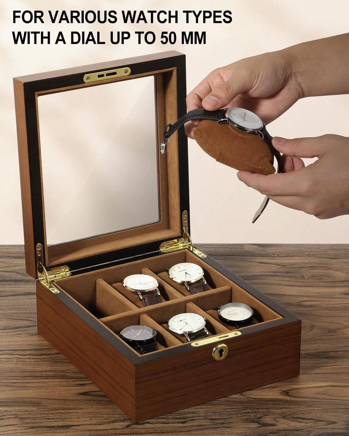 Watch Box with 6 Slots, Watch Case Organizer limb deferential continuation aggregate with Golden Lock and Key, Wooden Watch Display Storage Box with Removable Watch Cushions, Velvet Lining, Metal Clasp Uten 