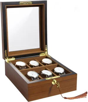 Watch Box with 6 Slots, Watch Case Organizer limb deferential continuation aggregate with Golden Lock and Key, Wooden Watch Display Storage Box with Removable Watch Cushions, Velvet Lining, Metal Clasp Uten 
