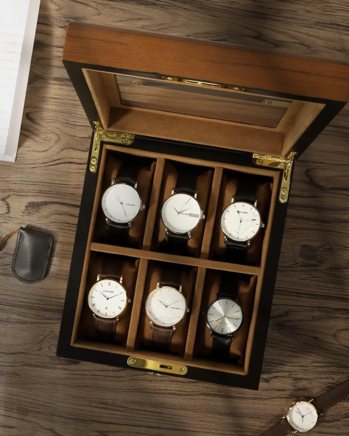 Watch Box with 6 Slots, Watch Case Organizer limb deferential continuation aggregate with Golden Lock and Key, Wooden Watch Display Storage Box with Removable Watch Cushions, Velvet Lining, Metal Clasp Uten 