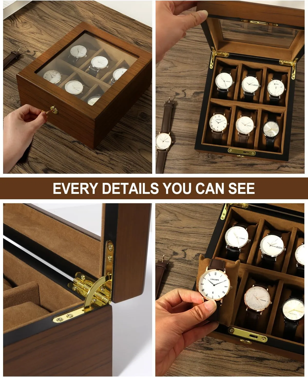 Watch Box with 6 Slots, Watch Case Organizer limb deferential continuation aggregate with Golden Lock and Key, Wooden Watch Display Storage Box with Removable Watch Cushions, Velvet Lining, Metal Clasp Uten 