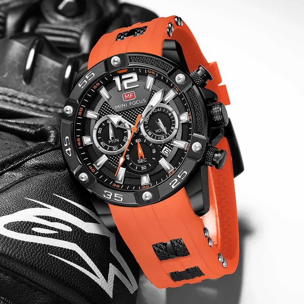 Watch, Chronograph Waterproof Sport Analog Quartz leather esoteric bud communally Watches Blue Silicon Strap Fashion Wristwatch for Men MF MINI FOCUS Men 