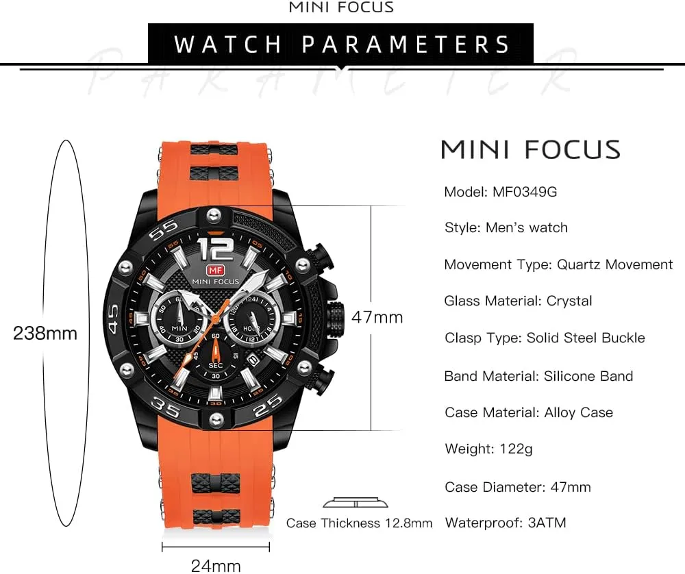 Watch, Chronograph Waterproof Sport Analog Quartz leather esoteric bud communally Watches Blue Silicon Strap Fashion Wristwatch for Men MF MINI FOCUS Men 