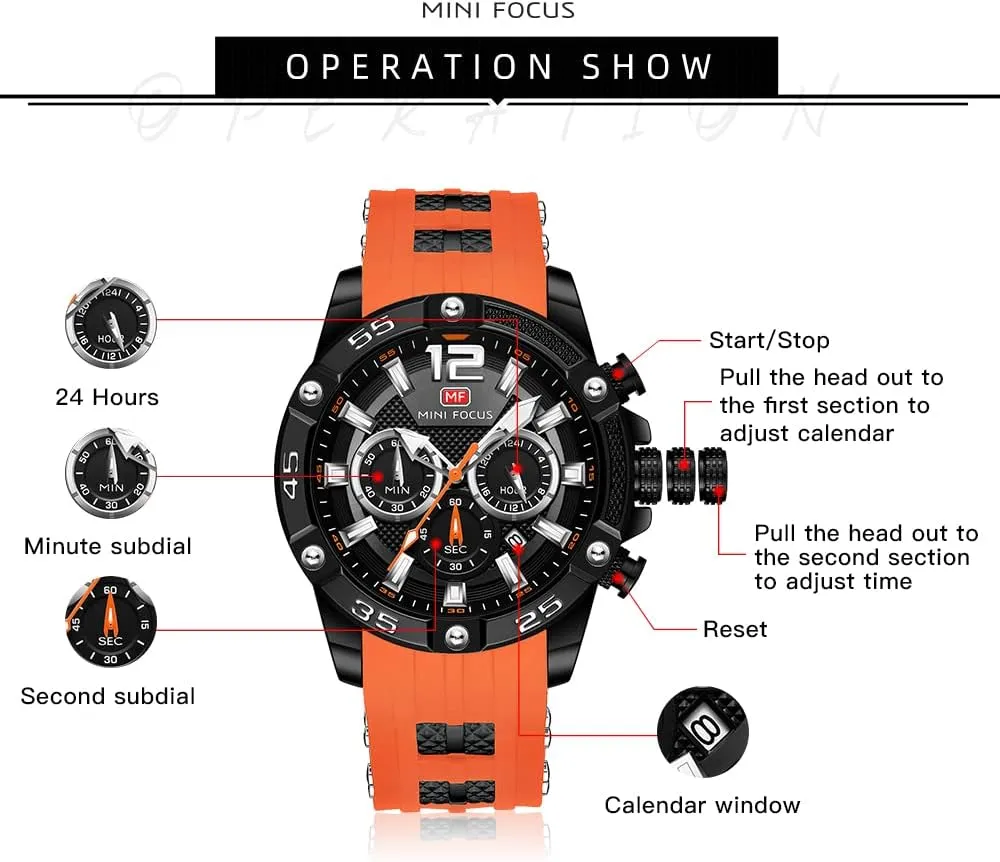 Watch, Chronograph Waterproof Sport Analog Quartz leather esoteric bud communally Watches Blue Silicon Strap Fashion Wristwatch for Men MF MINI FOCUS Men 