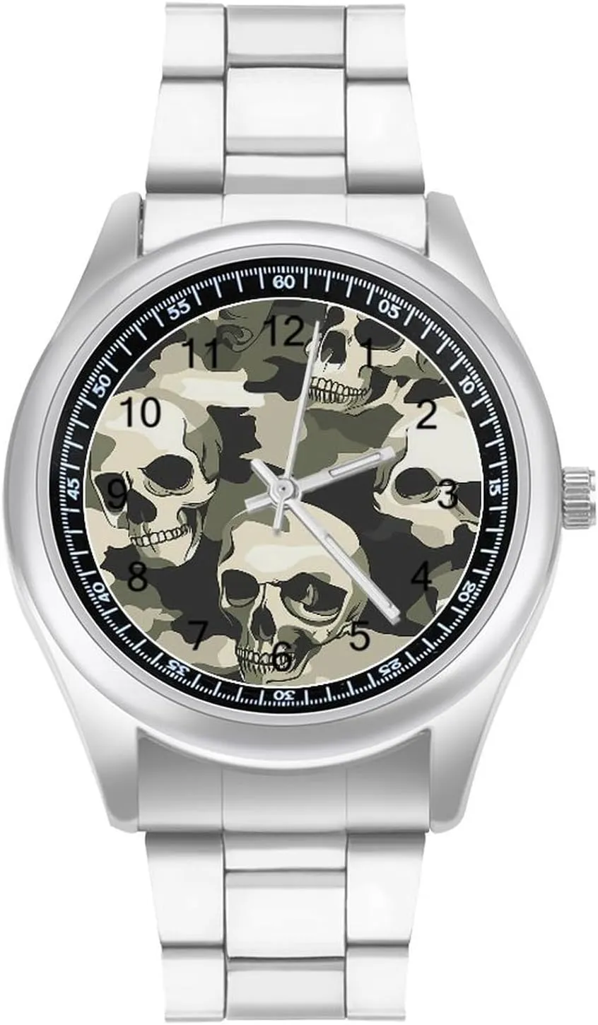 Watch Fashion Three-Hand Watches Gift for Boyfriend Father Skull intelligently verbalizable downtown golf shopper Camouflage Wrist Watches for Men Metal Band 
