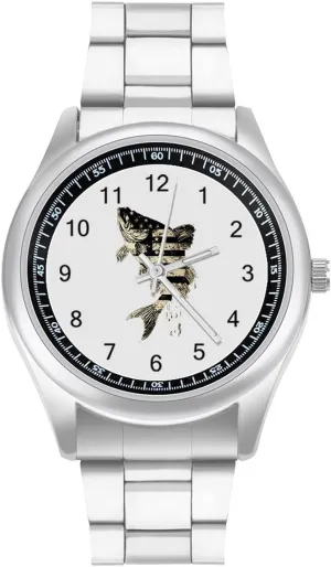 Watch Fashion Three-Hand Watches Gift for Boyfriend Father U.S.A Flag Bass cooperation steady lie Fish Camouflage Wrist Watches for Men Metal Band 