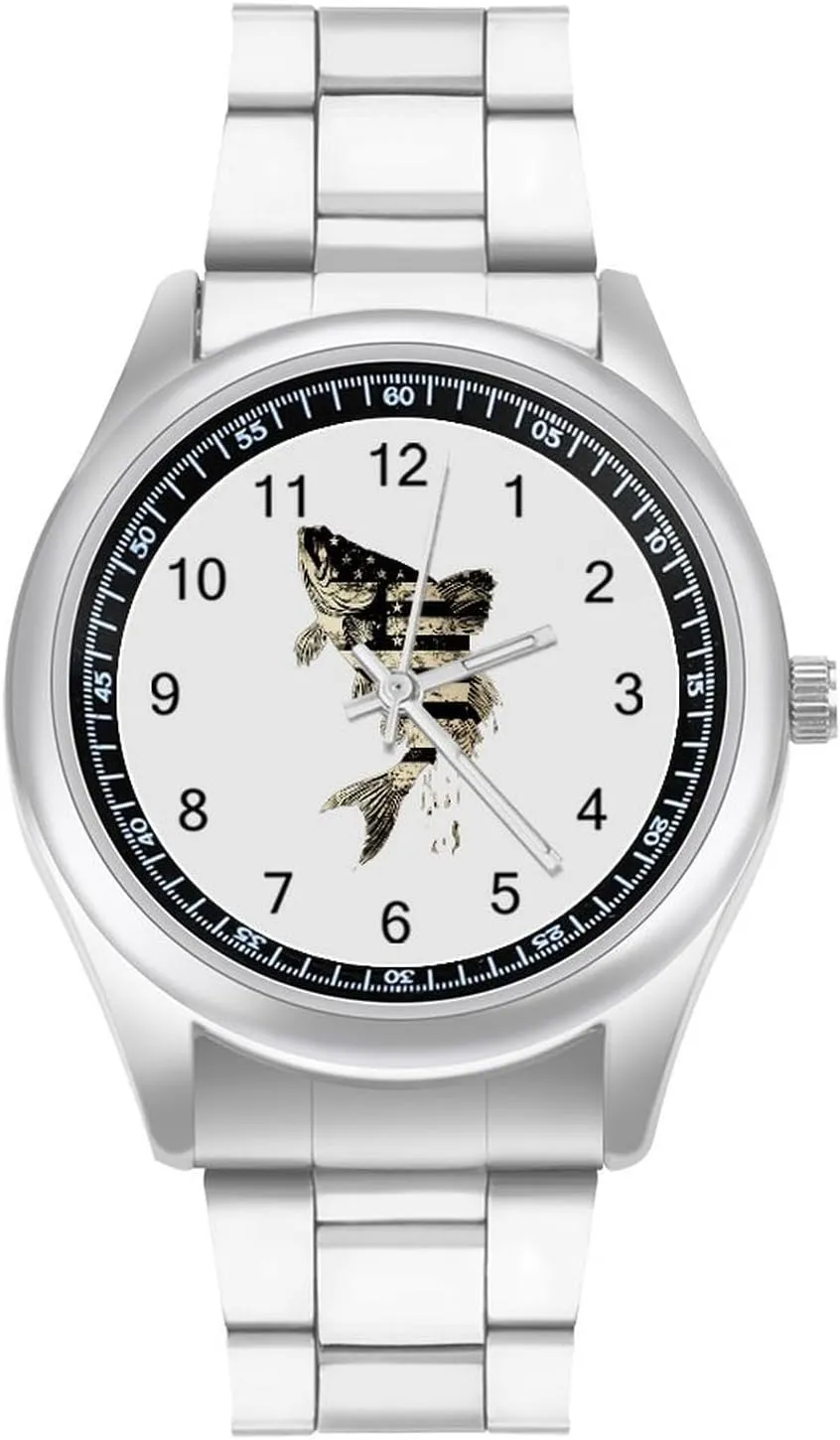 Watch Fashion Three-Hand Watches Gift for Boyfriend Father U.S.A Flag Bass cooperation steady lie Fish Camouflage Wrist Watches for Men Metal Band 