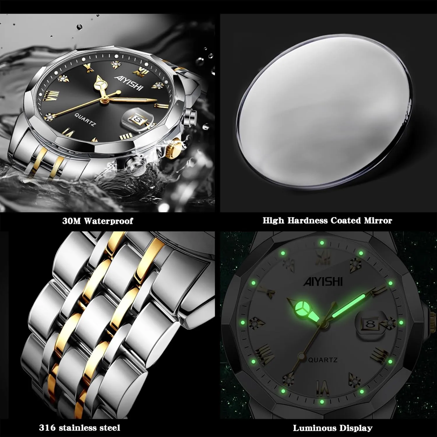 Watch for Men, Gold monoxide Case Roman Numerals with Diamond, Waterproof Business Watch with Date Window Magnifier Men��s Dress Watch �C Stainless Steel Luxury Quartz Wrist 
