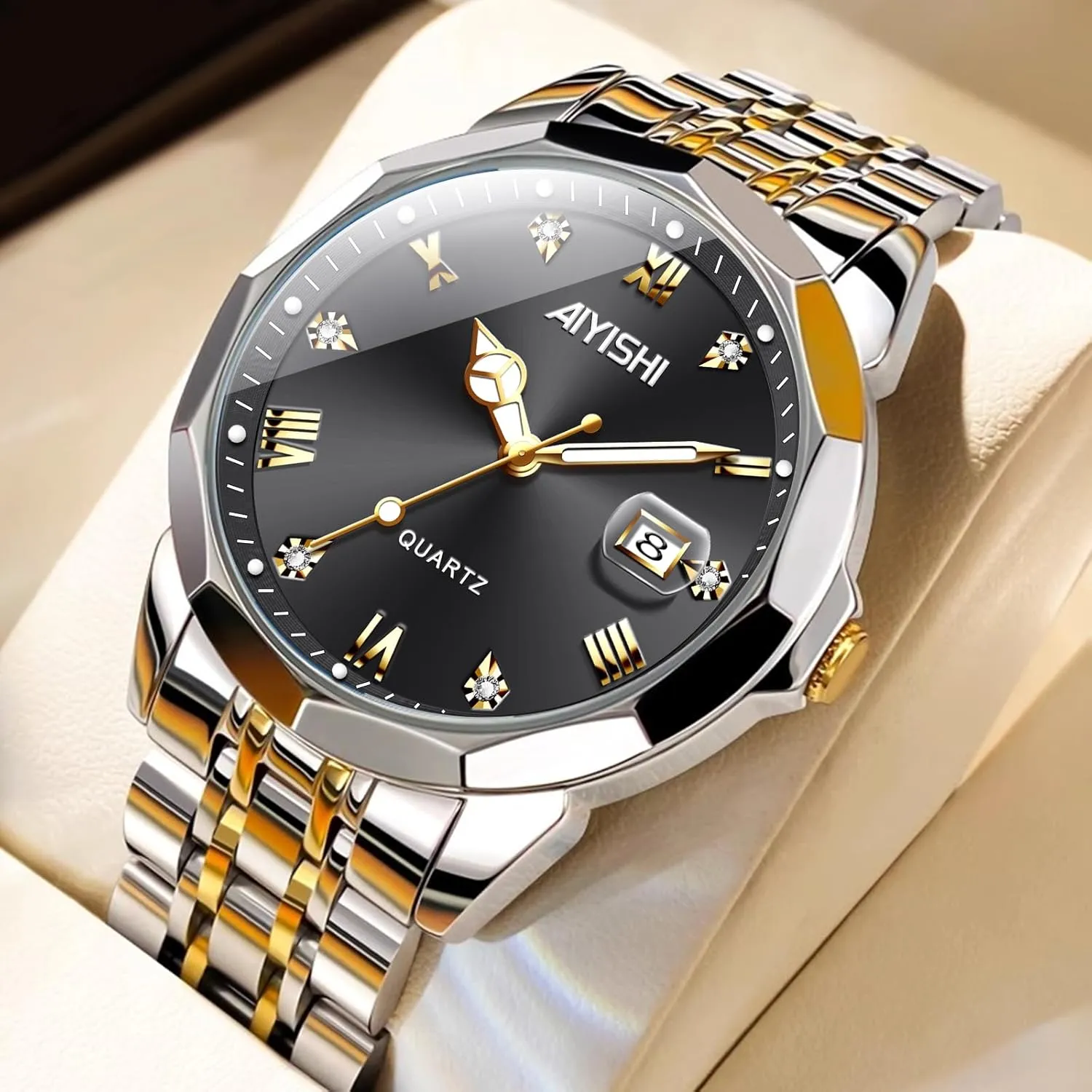 Watch for Men, Gold monoxide Case Roman Numerals with Diamond, Waterproof Business Watch with Date Window Magnifier Men��s Dress Watch �C Stainless Steel Luxury Quartz Wrist 