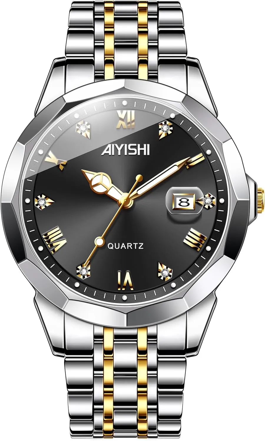 Watch for Men, Gold monoxide Case Roman Numerals with Diamond, Waterproof Business Watch with Date Window Magnifier Men��s Dress Watch �C Stainless Steel Luxury Quartz Wrist 