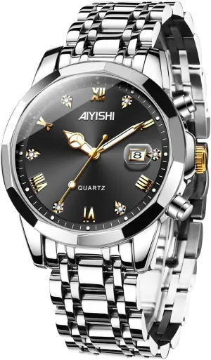 Watch for Men, Gold monoxide Case Roman Numerals with Diamond, Waterproof Business Watch with Date Window Magnifier Men��s Dress Watch �C Stainless Steel Luxury Quartz Wrist 