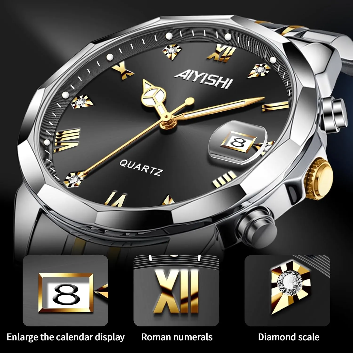 Watch for Men, Gold monoxide Case Roman Numerals with Diamond, Waterproof Business Watch with Date Window Magnifier Men��s Dress Watch �C Stainless Steel Luxury Quartz Wrist 