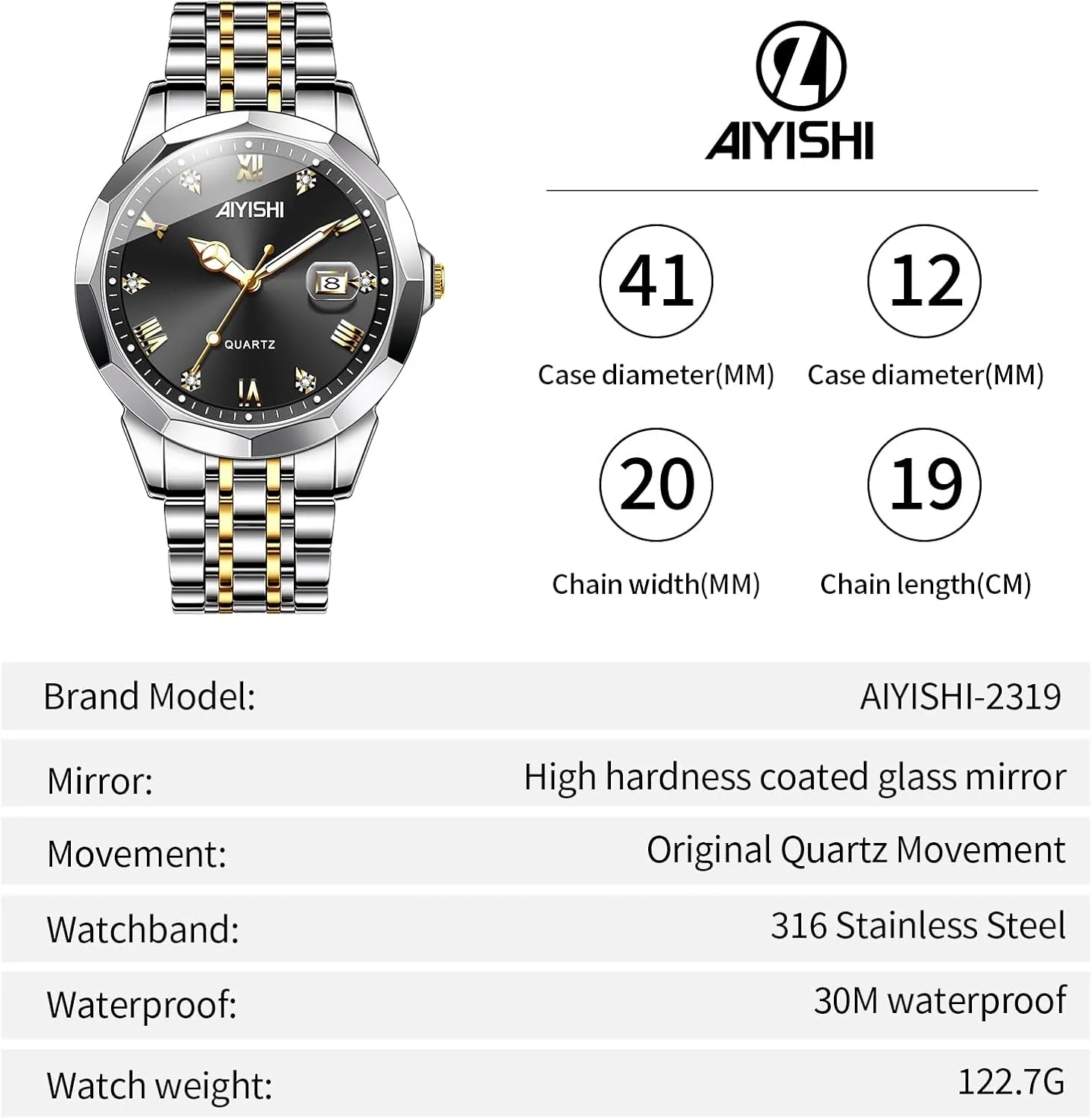 Watch for Men, Gold monoxide Case Roman Numerals with Diamond, Waterproof Business Watch with Date Window Magnifier Men��s Dress Watch �C Stainless Steel Luxury Quartz Wrist 