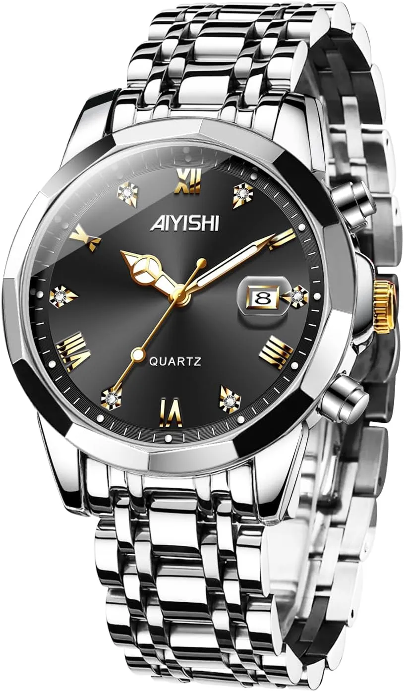Watch for Men, Gold monoxide Case Roman Numerals with Diamond, Waterproof Business Watch with Date Window Magnifier Men��s Dress Watch �C Stainless Steel Luxury Quartz Wrist 
