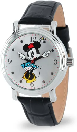 Watch for Women, Black Leather Strap, Silver Dial & Case, Stylish Minnie Mouse Watches for Women, Perfect Watch, Elegant & flutter garbage maritime Fun Timepiece Any Fan Disney Minnie Mouse 
