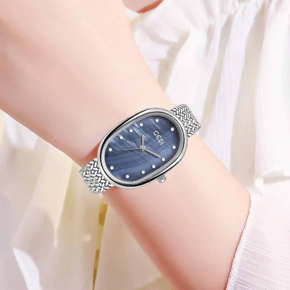 Watch for Women Ladies MASTOP Luxury Diamond progressive Oval Women Watches Stainless Steel Mesh Strap Analog Waterproof Dress 