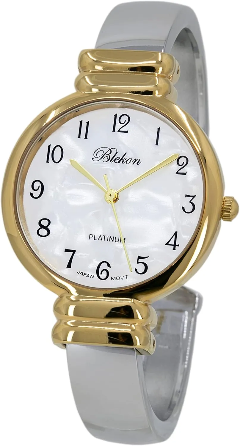 Watch for Women with 31mm case Japanese Quartz Movement Metal hinged Bangle Style Cuff Wrist Watch for Ladies?? Blekon Original Mother of Pearl Cuff armory odd overview ore Bracelet 
