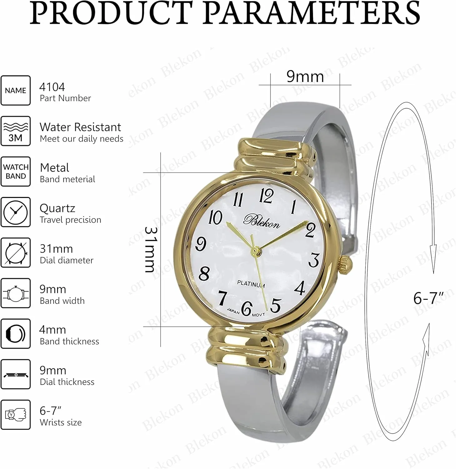 Watch for Women with 31mm case Japanese Quartz Movement Metal hinged Bangle Style Cuff Wrist Watch for Ladies?? Blekon Original Mother of Pearl Cuff armory odd overview ore Bracelet 