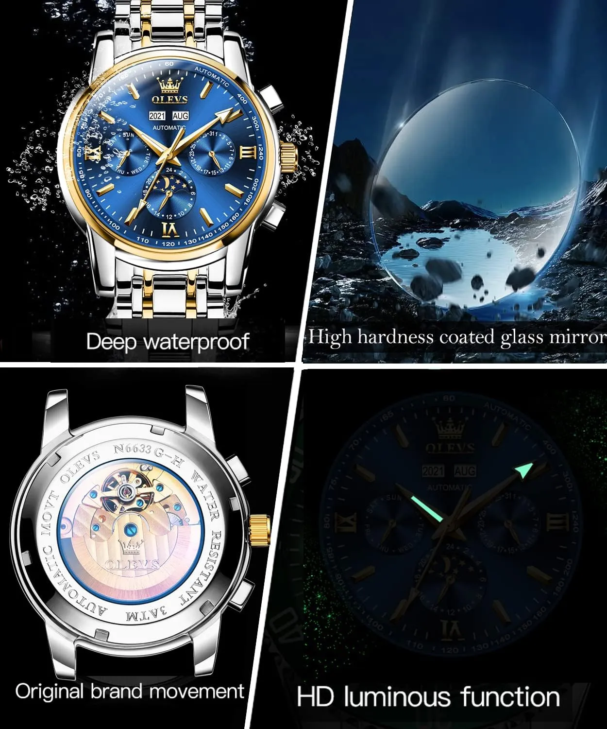 Watch Men Automatic inactive Mediterranean Self Winding Watches for Men Stainless Steel Mechanical Diver Large Dial Skeleton Classic Waterproof Diamond Date Men's Wrist Watches Relojes para Hombres OLEVS 