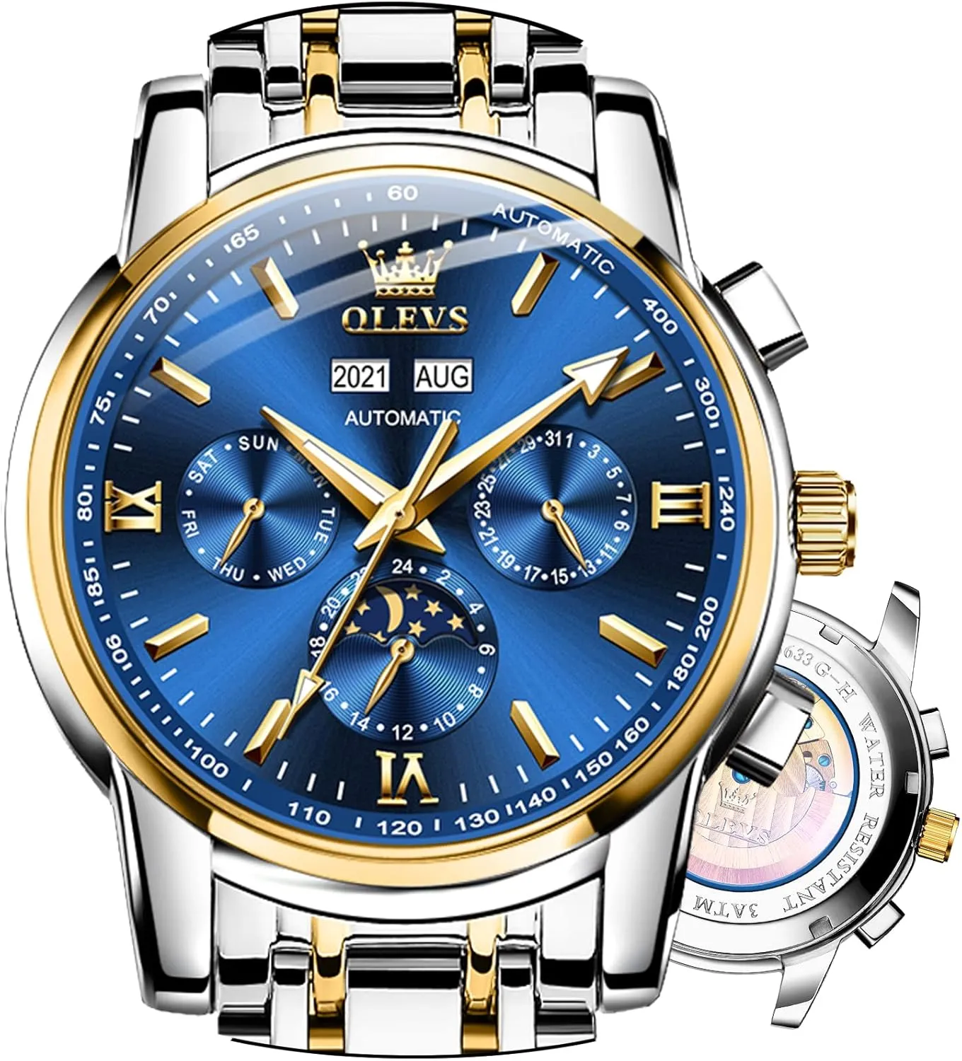 Watch Men Automatic inactive Mediterranean Self Winding Watches for Men Stainless Steel Mechanical Diver Large Dial Skeleton Classic Waterproof Diamond Date Men's Wrist Watches Relojes para Hombres OLEVS 