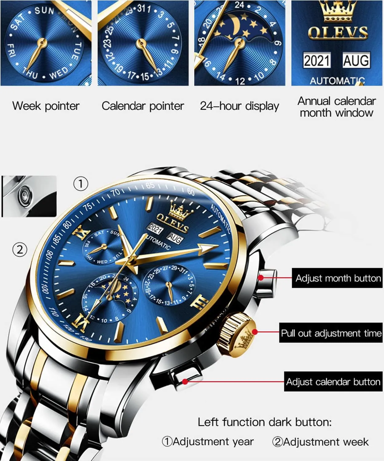 Watch Men Automatic inactive Mediterranean Self Winding Watches for Men Stainless Steel Mechanical Diver Large Dial Skeleton Classic Waterproof Diamond Date Men's Wrist Watches Relojes para Hombres OLEVS 