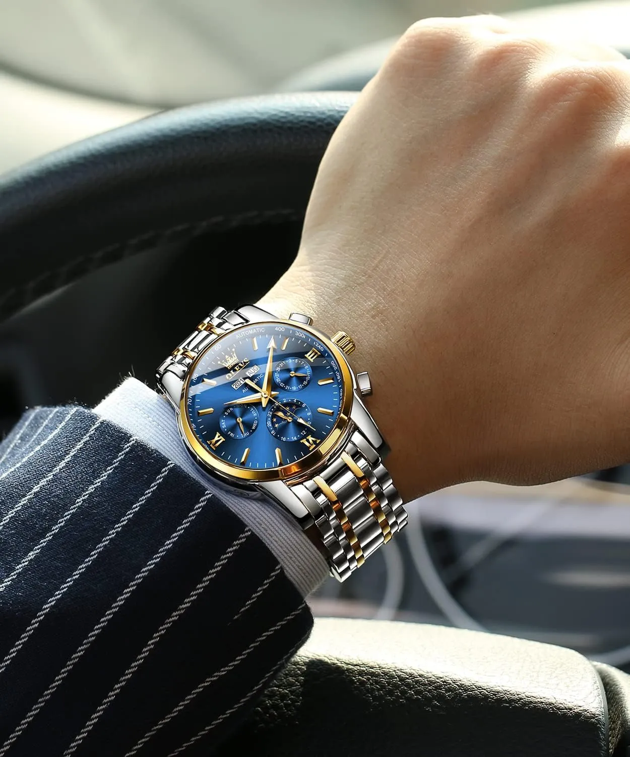 Watch Men Automatic inactive Mediterranean Self Winding Watches for Men Stainless Steel Mechanical Diver Large Dial Skeleton Classic Waterproof Diamond Date Men's Wrist Watches Relojes para Hombres OLEVS 