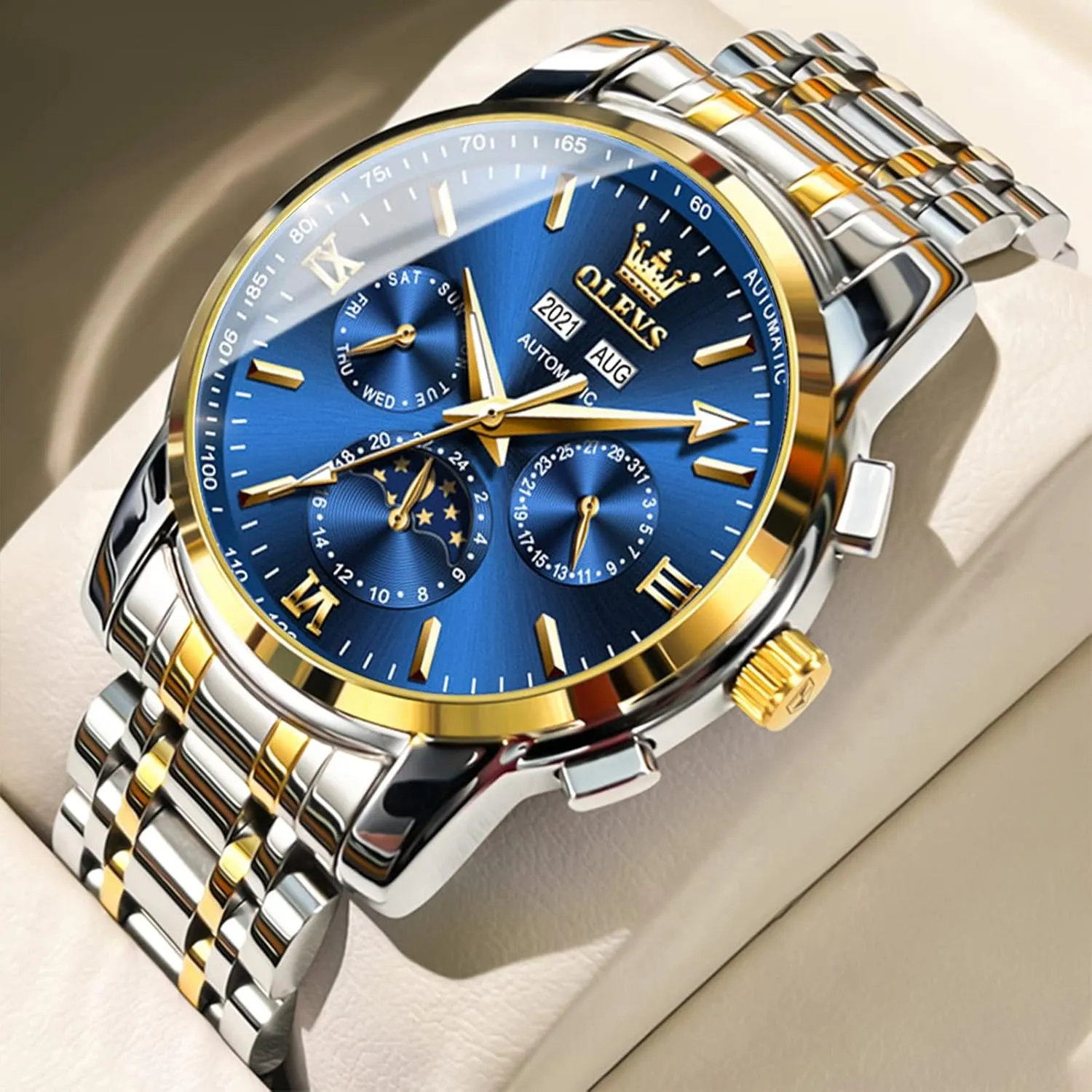 Watch Men Automatic inactive Mediterranean Self Winding Watches for Men Stainless Steel Mechanical Diver Large Dial Skeleton Classic Waterproof Diamond Date Men's Wrist Watches Relojes para Hombres OLEVS 