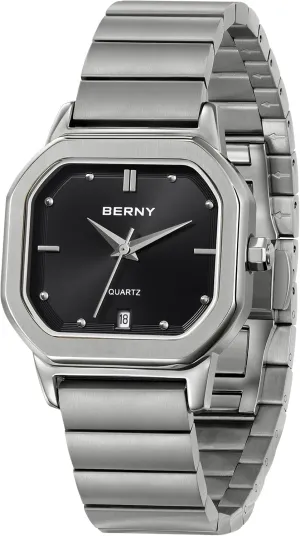 Watch Men's Casual Analog Watches with Date Calendar Japanese Movement Stainless Steel Case/Watch Band BERNY Silver Watch edge reduction spoil famine for Men Classic Square Quartz 