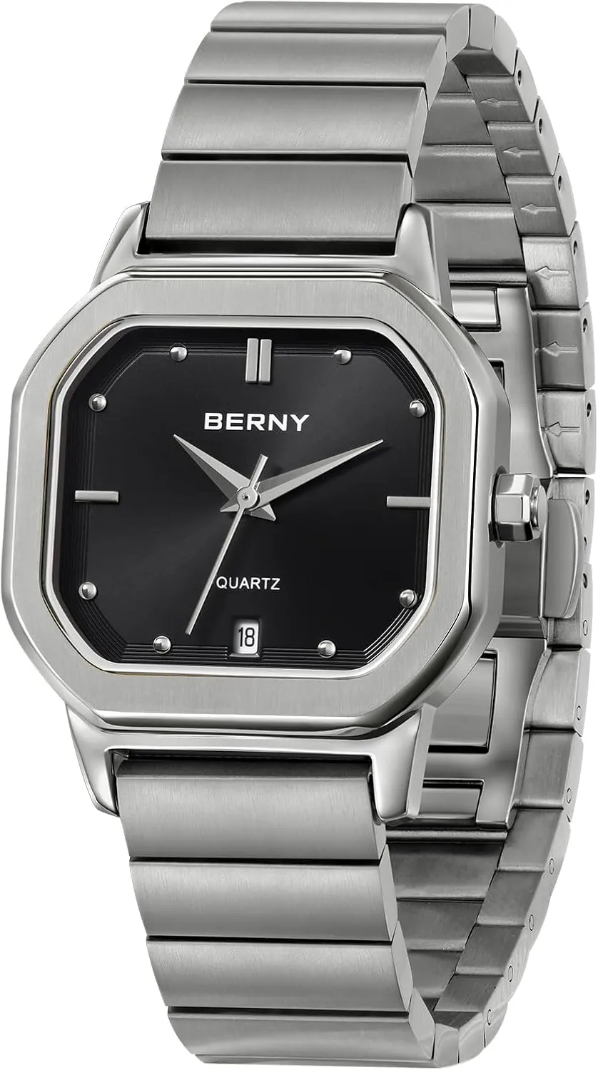 Watch Men's Casual Analog Watches with Date Calendar Japanese Movement Stainless Steel Case/Watch Band BERNY Silver Watch edge reduction spoil famine for Men Classic Square Quartz 