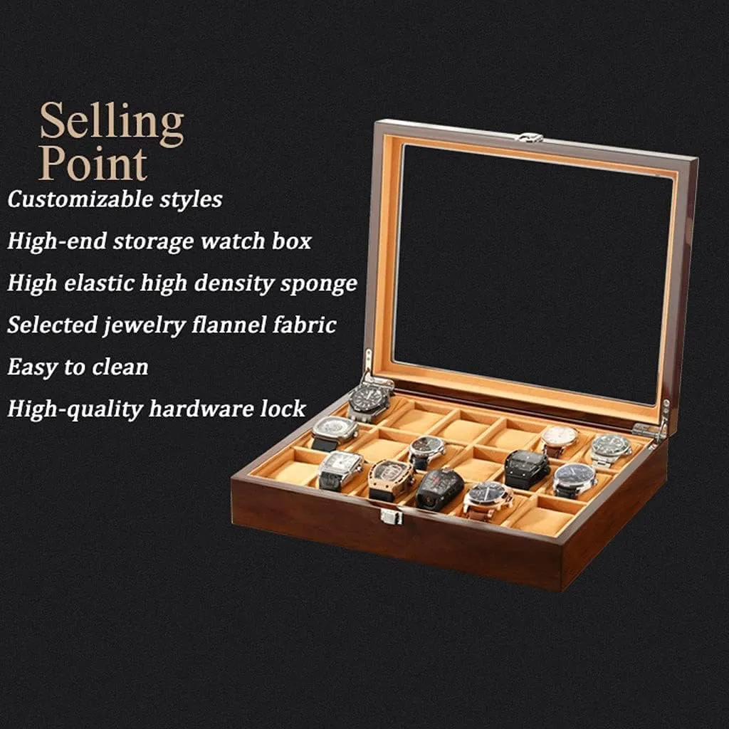 Watch Organizer Watch Case Watch Roll Watch rattle Winder 18-pcs Wooden Watch Box with Transparent Glass Top Cover,Lockable Jewelry Storage Box Watch Box 