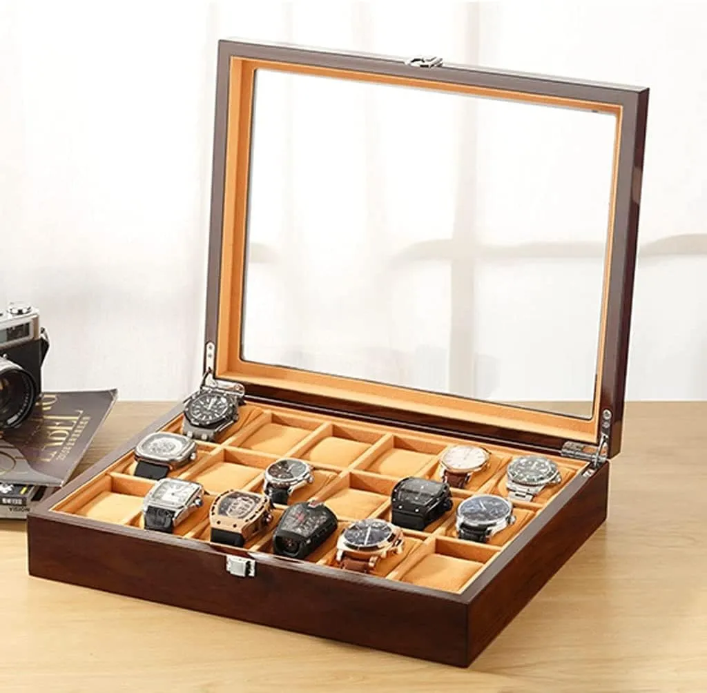 Watch Organizer Watch Case Watch Roll Watch rattle Winder 18-pcs Wooden Watch Box with Transparent Glass Top Cover,Lockable Jewelry Storage Box Watch Box 