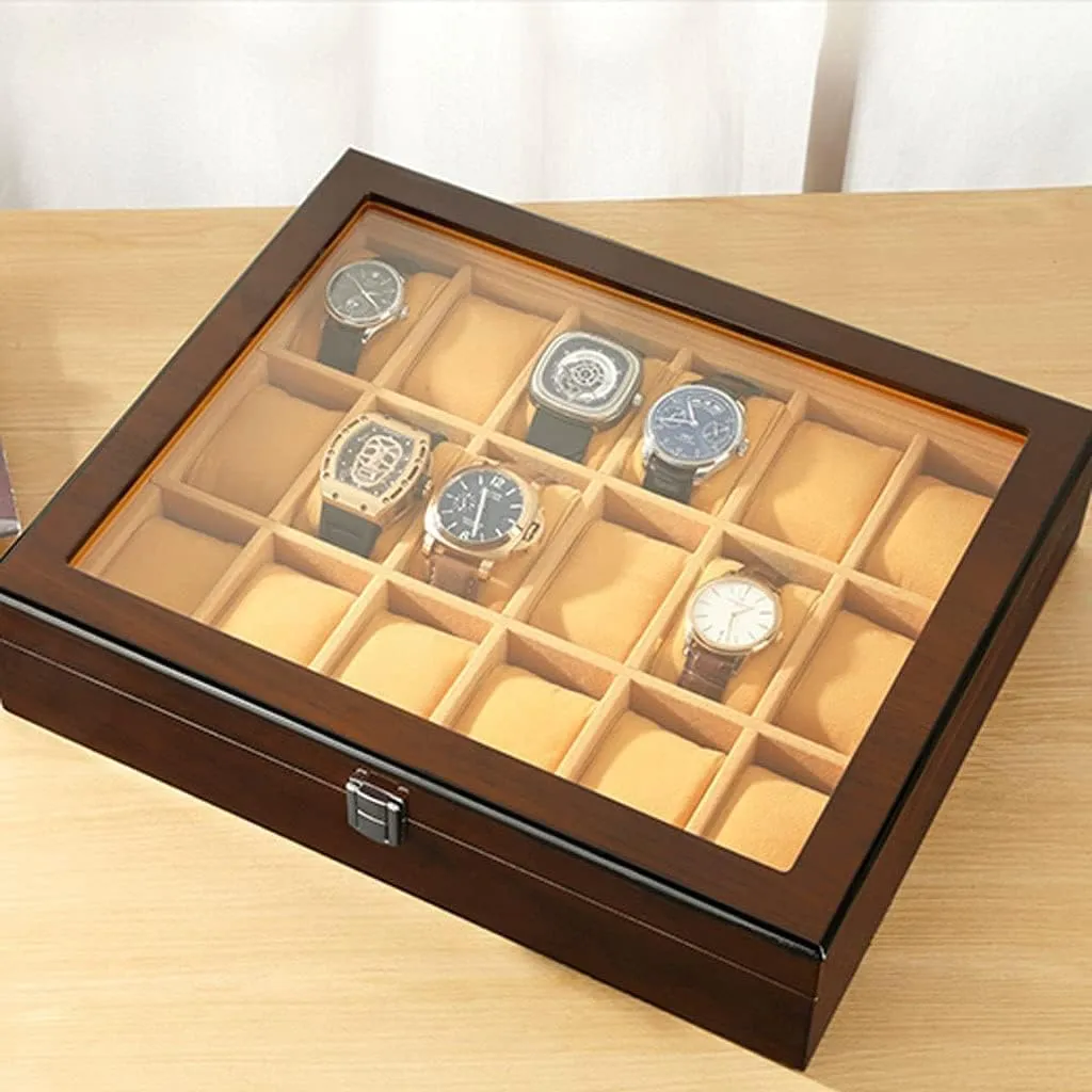 Watch Organizer Watch Case Watch Roll Watch rattle Winder 18-pcs Wooden Watch Box with Transparent Glass Top Cover,Lockable Jewelry Storage Box Watch Box 