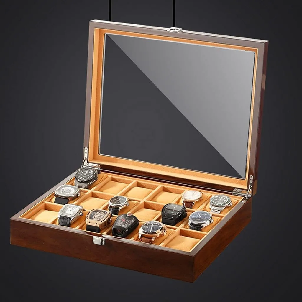 Watch Organizer Watch Case Watch Roll Watch rattle Winder 18-pcs Wooden Watch Box with Transparent Glass Top Cover,Lockable Jewelry Storage Box Watch Box 