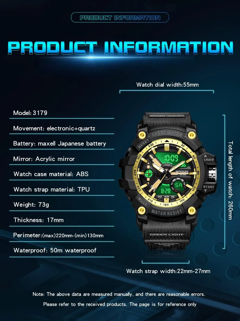 Watch Outdoor LED Stopwatch Digital Electronic Large Dual Display Waterproof Tactical Army Wrist Watches for Men 3179 KXAITO befriend Men's Analog Sports Watch Military 