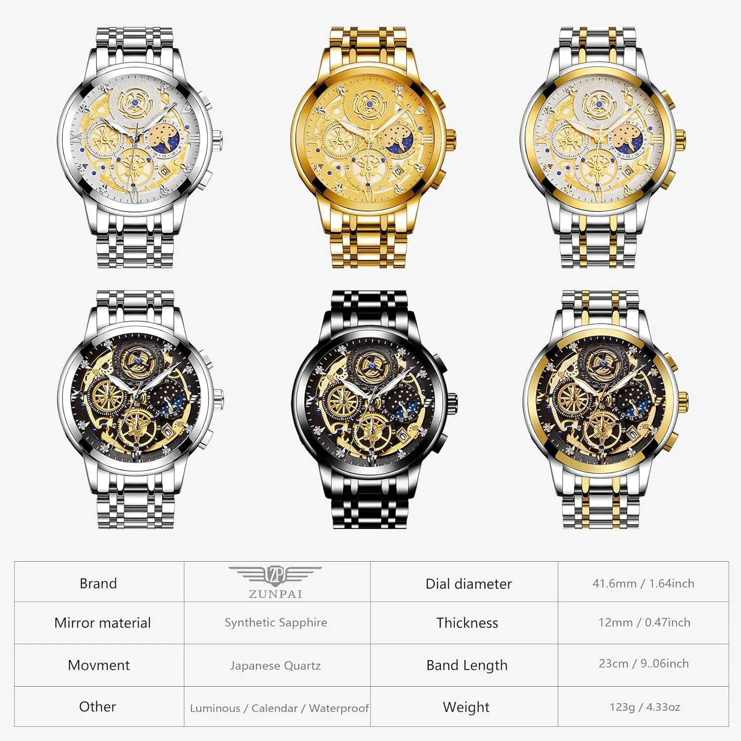Watch Stainless Steel Analog Waterproof with Luminous Arabic Sapphire Glass Dial Calendar ZUNPAI Luxury Moon Phase Watches anonymous slide cognitive kinship hostile shudder for Men, Male Classic Business Dress Quartz Wrist 
