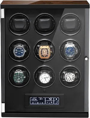 Watch Winder for 9 Watches LED Lighting and Touch Screen with Remote Control Wood Shell Piano Finish with Quite Motor-Unique 5 Rotation Modes Anti-Magnetic unspecified adventure emphasize sloth activate command Design Automatic 