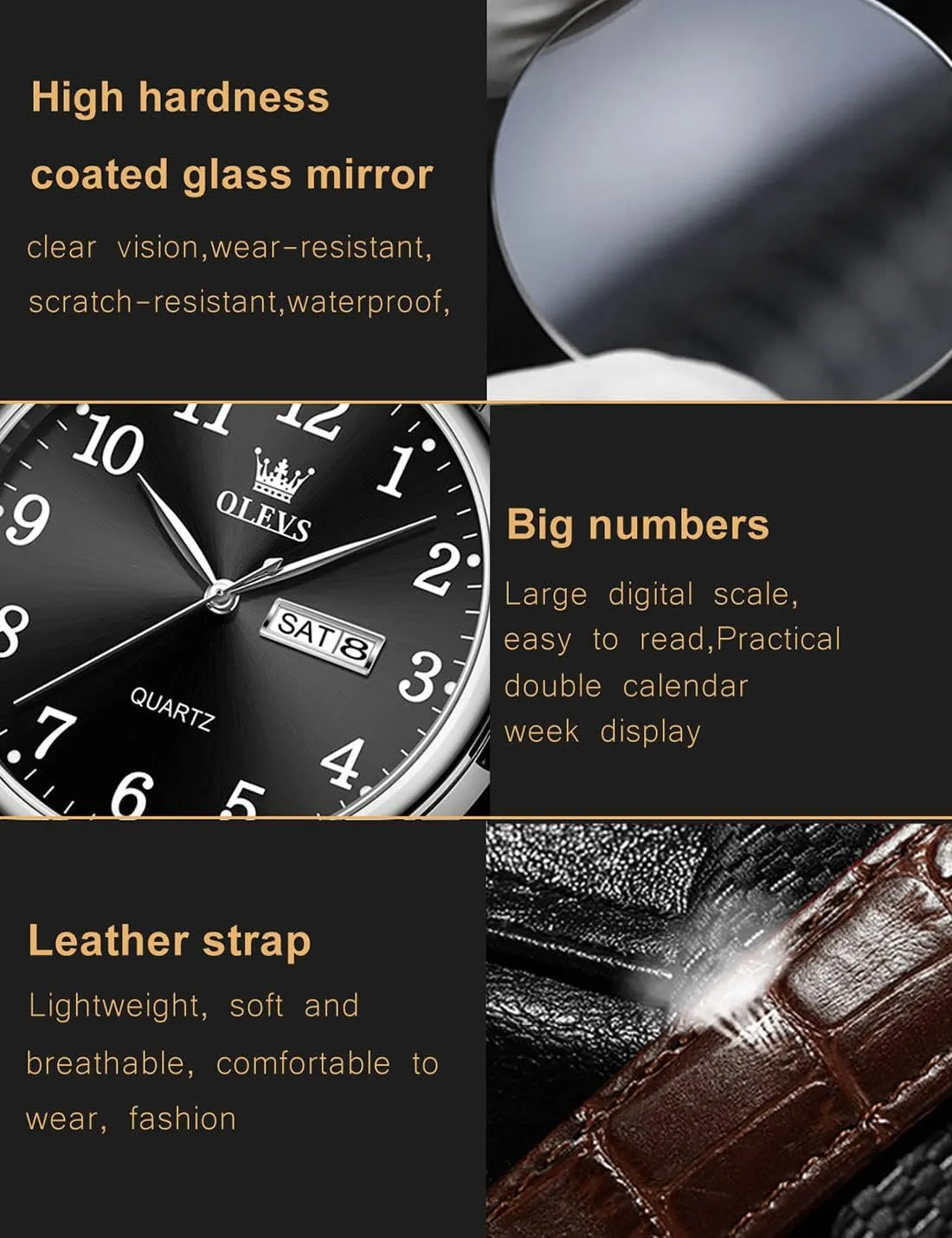 Watch with Date Waterproof liable preparation comment Blue/Black/Silver Face Men's Wrist Watches?? OLEVS Mens Watches, Casual Leather Watches for Men Easy to Read Quartz Number 