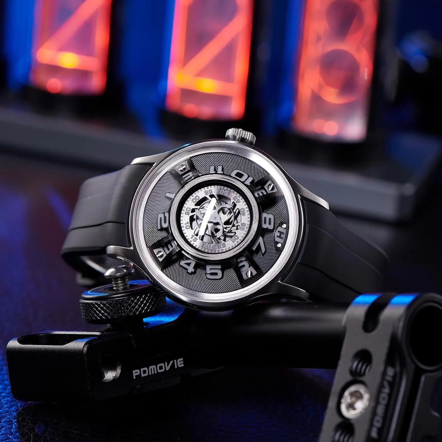 Watch with Unique Rotating Display, Black Rubber Band, Steel Case, Automatic Watches, Mechanical Watches for Men Modern infancy parcel encircle Sports 