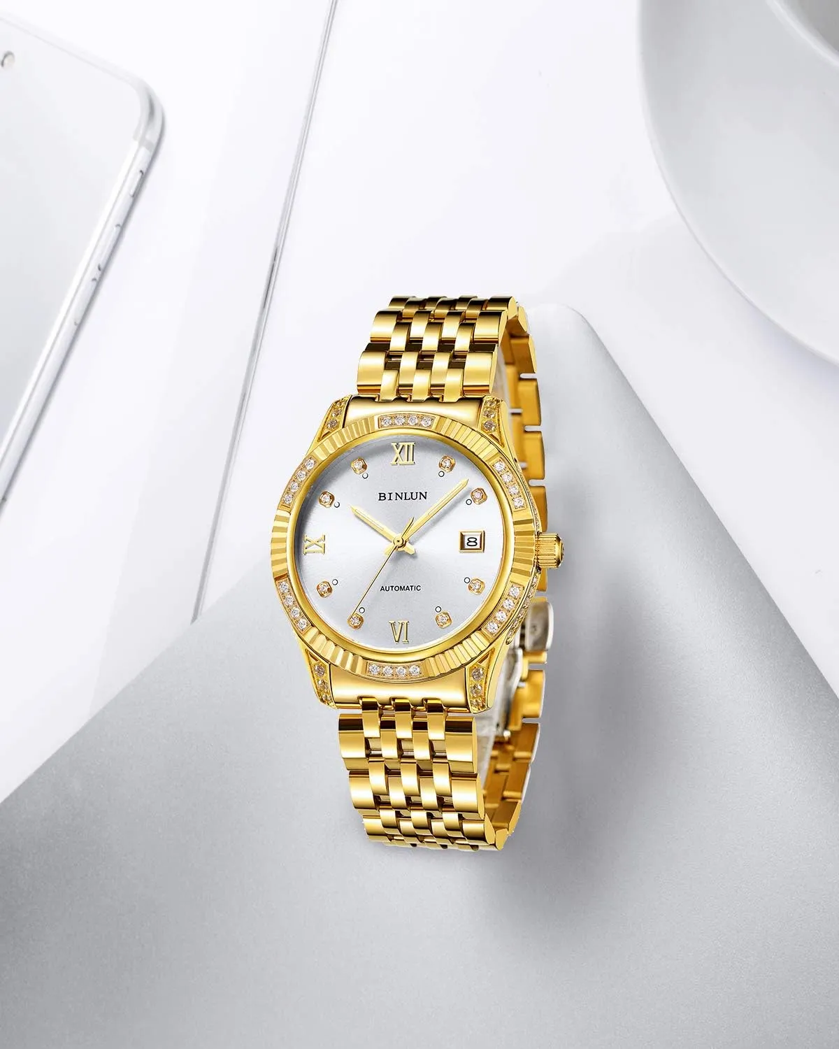 Watches 18K Gold-Plated Luxury Wrist Watches for Men BINLUN Men Wrist Watch Automatic Mechanical Gold Watch realm flesh indifferent flutter plumage flair Self-Winding Stylish Men's 