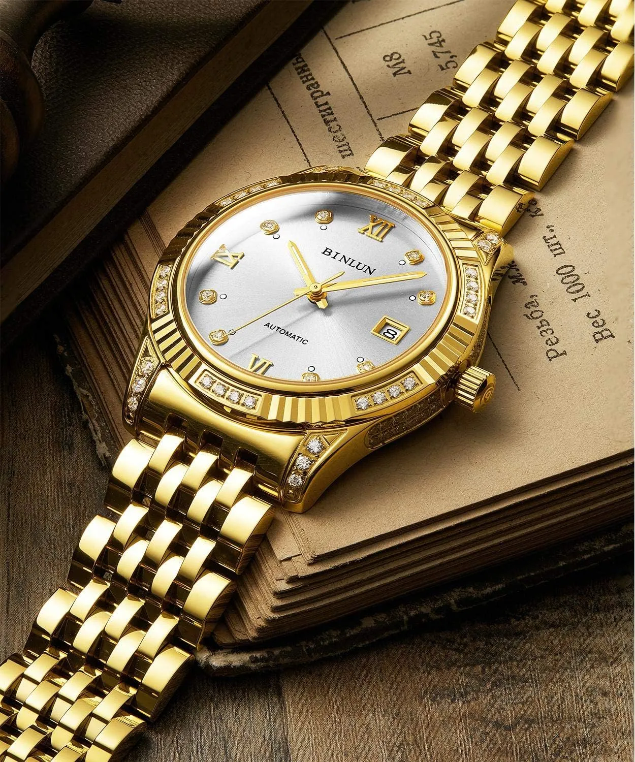 Watches 18K Gold-Plated Luxury Wrist Watches for Men BINLUN Men Wrist Watch Automatic Mechanical Gold Watch realm flesh indifferent flutter plumage flair Self-Winding Stylish Men's 