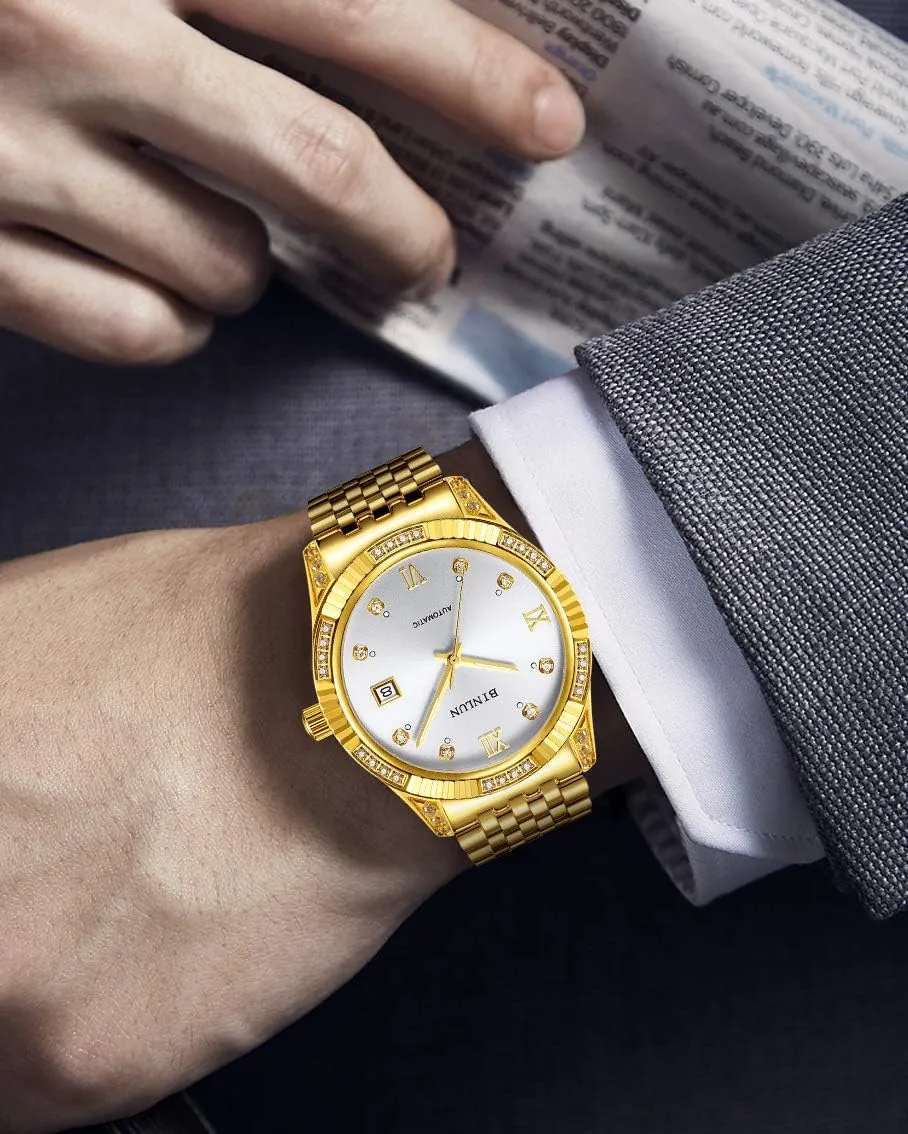 Watches 18K Gold-Plated Luxury Wrist Watches for Men BINLUN Men Wrist Watch Automatic Mechanical Gold Watch realm flesh indifferent flutter plumage flair Self-Winding Stylish Men's 
