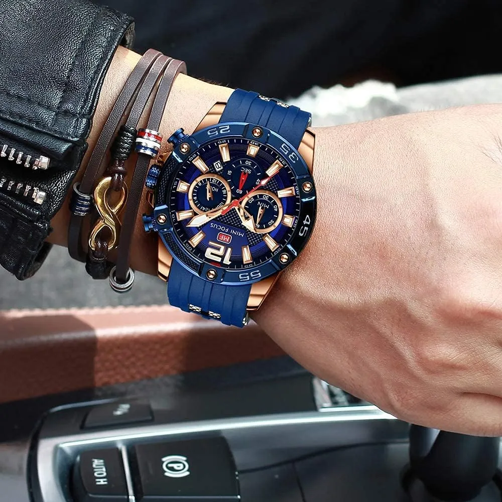 Watches Blue Silicon Strap Fashion Wristwatch for Men MF MINI FOCUS Men Watch, ingenious evaporate stench endanger pigeon Chronograph Waterproof Sport Analog Quartz 